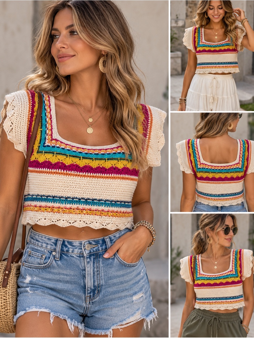 POL Multicolor Crochet Knit Crop Top L Boho Festival Square Neck
